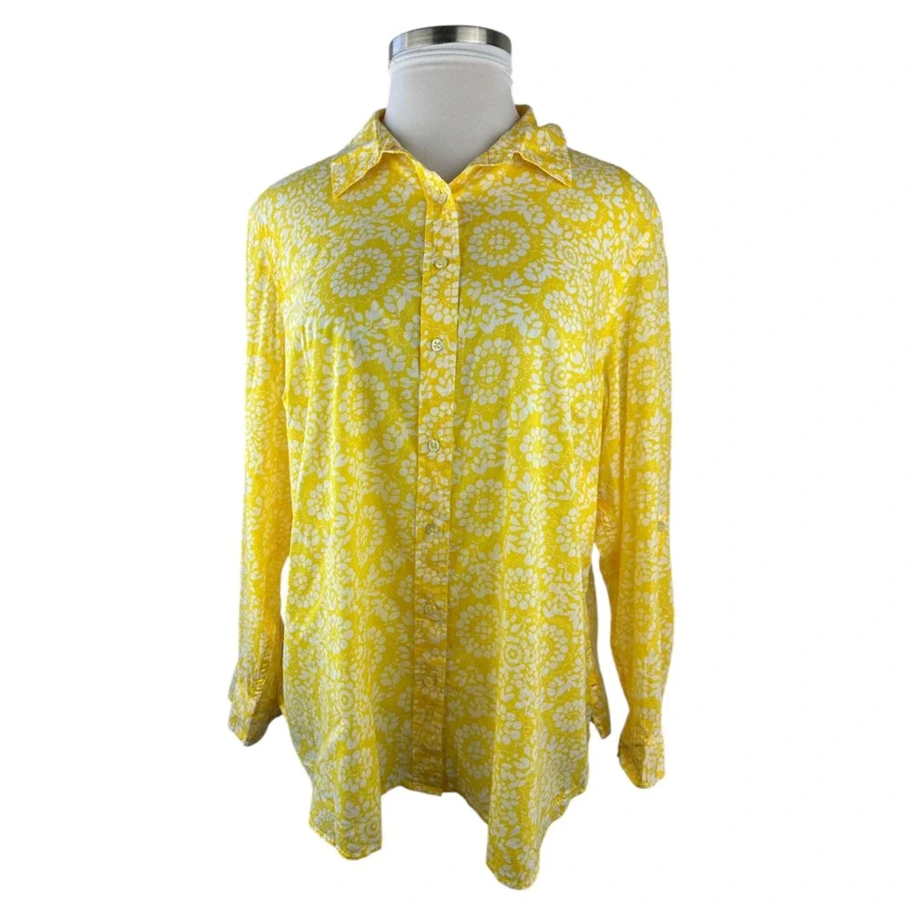 NWT Talbots Sheer Yellow White Print Button Blouse Plus Size 3Xp 3X Petite Top - Picture 13 of 14